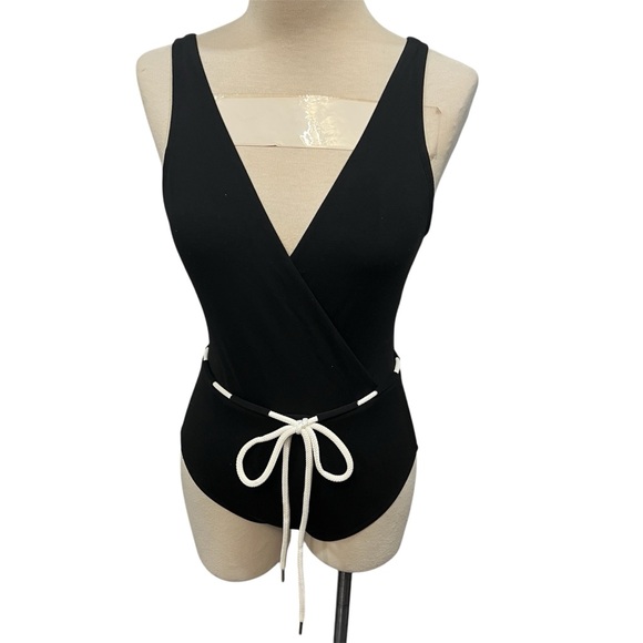 ROBIN PICCONE Black V Neck Bathing Suit with Tie Waist (4) - Picture 8 of 8